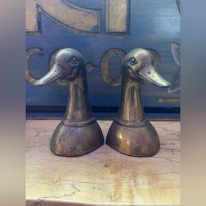 Patinated Cast Vintage Solid Brass Mallard Duck Head Bookends MCM Set